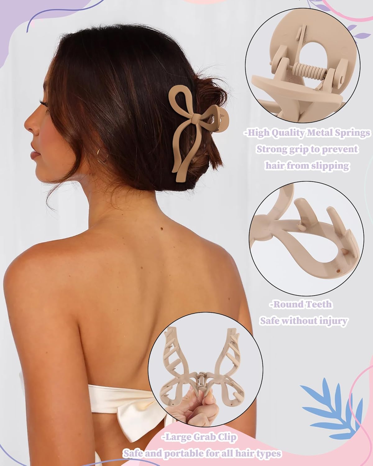 4 PCS Bow Hair Clips Bow Claw Clip for Women Nonslip Large Hair Claw Clips for Thin and Thick Hair Strong Hold Hair Bows (Black+Dark brown+Khaki+Light brown)