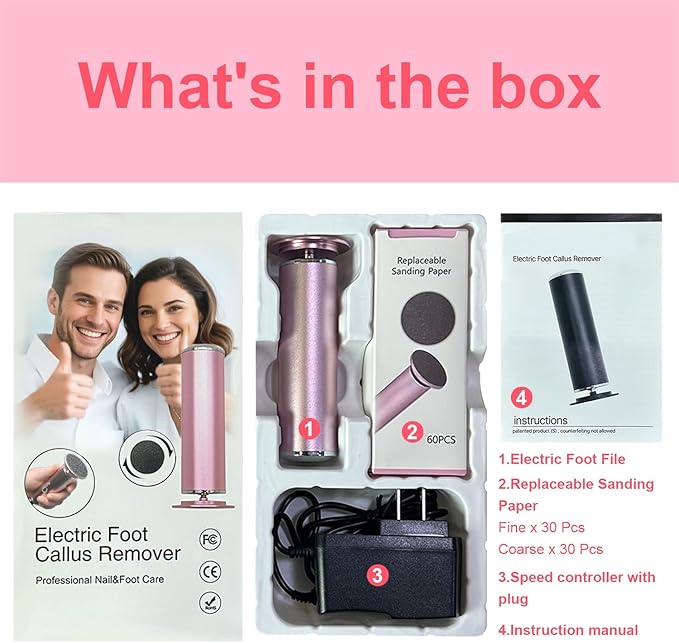 Electric Foot File - Callus Remover for Feet,Professional Pedicure Tool for Dead Skin and Calluses,Adjustable Speed Foot File with 60 Pcs Sandpaper Discs - Pink