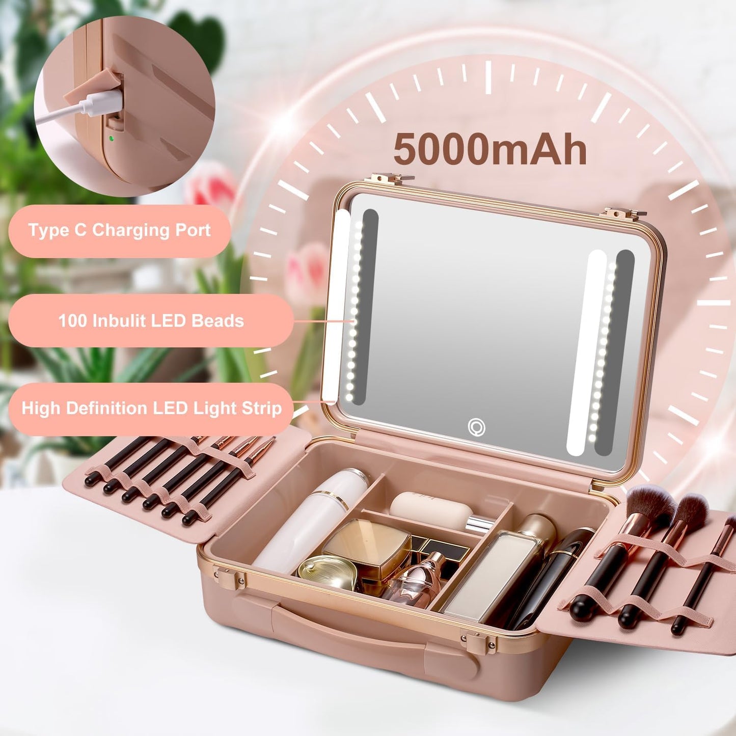 Mocado Travel Makeup Case with Lighted Mirror, 8 Makeup Brushes & 10x Magnifying Mirror, Adjustable Brightness Train Case (Pink)