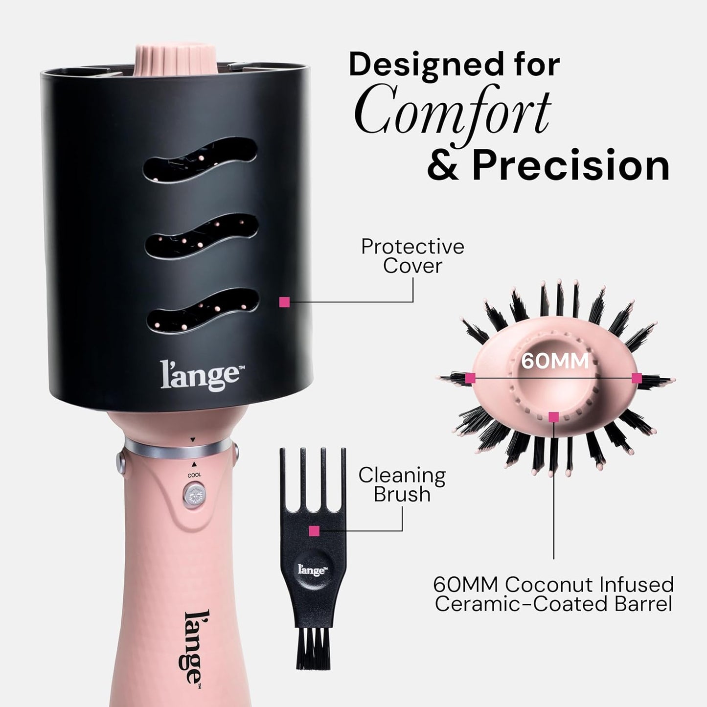 L'ANGE HAIR VolumeBoost 60mm 2-in-1 Ceramic Volumizing Brush Dryer | Fast Drying & Styling for Frizz-Free, Voluminous Blowouts | Ceramic-Coated Barrel (Blush)
