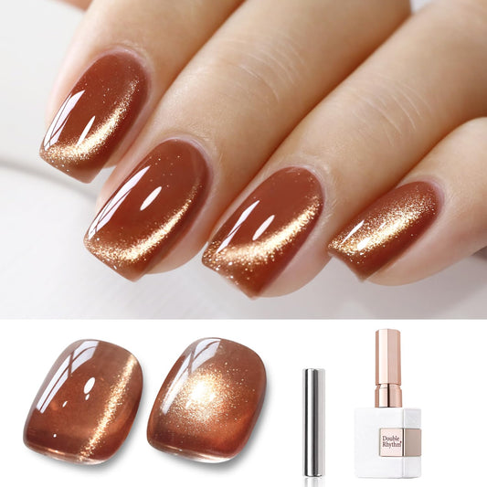 Double Rhythm 15ML Ice Glass Cat Eye Gel Polish with Magnet Holographic Glitter Shimmer Translucent Sheer Color Salon Soak Off Magnetic Nail at Home (Tea Gold-MC1123)