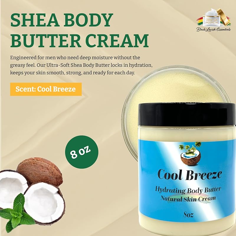 Ultra-Soft Shea Body Butter, Dry Skin Cream for Radiant Moisturized Skin, Natural Hydrating Body Lotion with Aloe Vera, Argan Oil, Rosehip Oil, (Cool Breeze, 8oz)