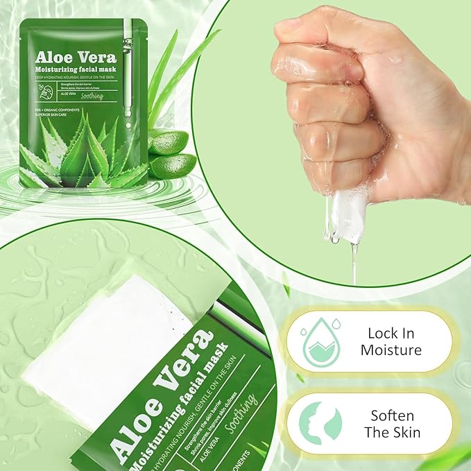 Aloe Vera Soothing Mask Hydrating Face Masks Skincare Moisturizing Facial Sheet Mask Skin care for Dry, Oily, Sensitive Skin Face Mask for Acne, Sun Care, Calming, 25ml/0.88oz, Pack of 10