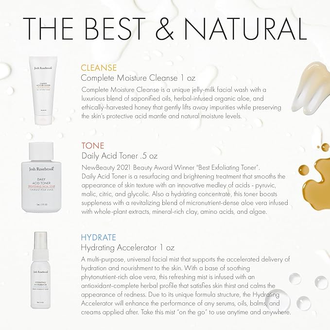 Josh Rosebrook The Essentials Kit - Cleanse, Tone & Hydrate Skincare Set | Complete Moisture Cleanse 1 oz, Daily Acid Toner 0.5 oz, Hydrating Accelerator 1 oz | Travel Size Facial Skin Care
