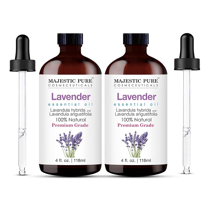 Majestic Pure Lavender Essential Oil | 100% Natural | Premium Grade Essential Oils for Hair Care, Home Diffusers, Skin, Aromatherapy, Massage and Humidifiers | 4 Fl Oz (Pack of 2)