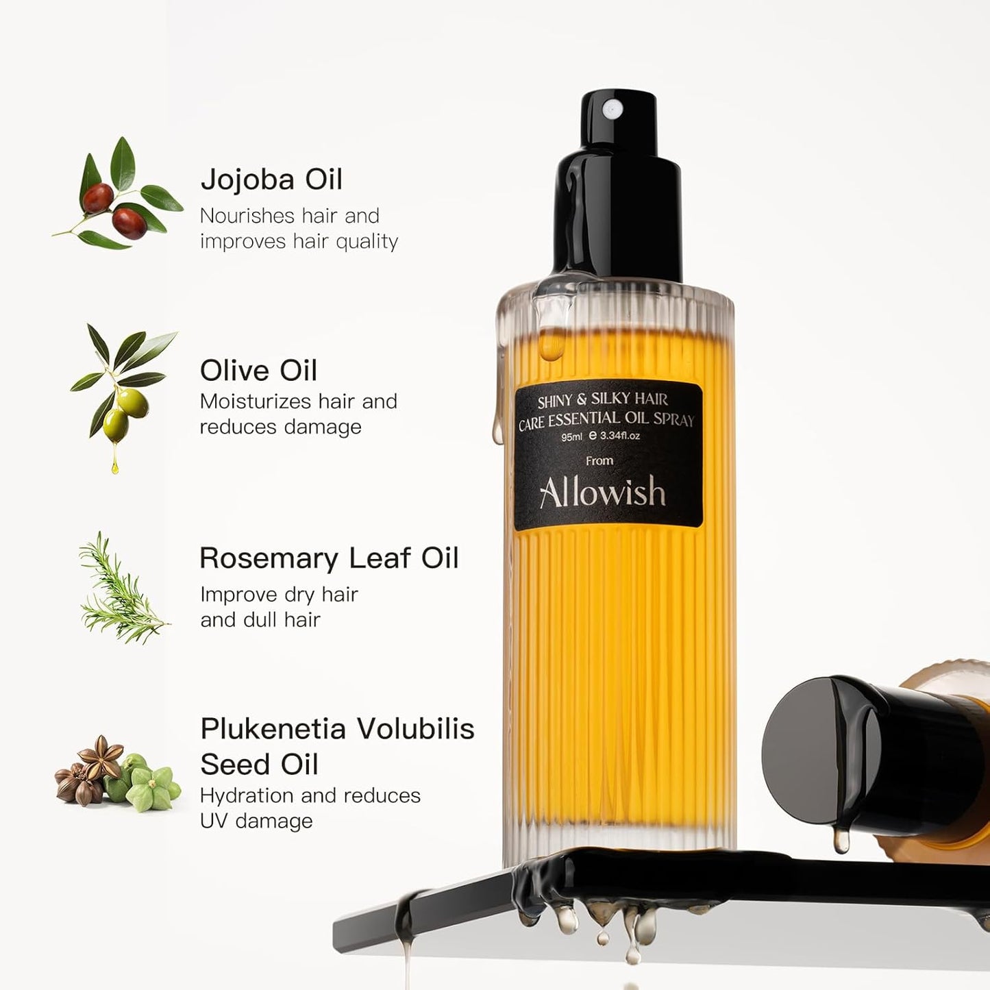 Hair Oil Spray for Dry Frizzy Hair - Hair Shine Spray Gloss with Natural Jojoba and Olive Oil, Leave-in Hair Conditioning, Smooth Damaged Ends, Volume, Hydrating