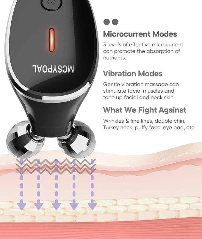 Micro-Current-Facial-Device, 5-in-1 Facial Roller Massager for Skin Care at Home, Face Massager Tool, Black