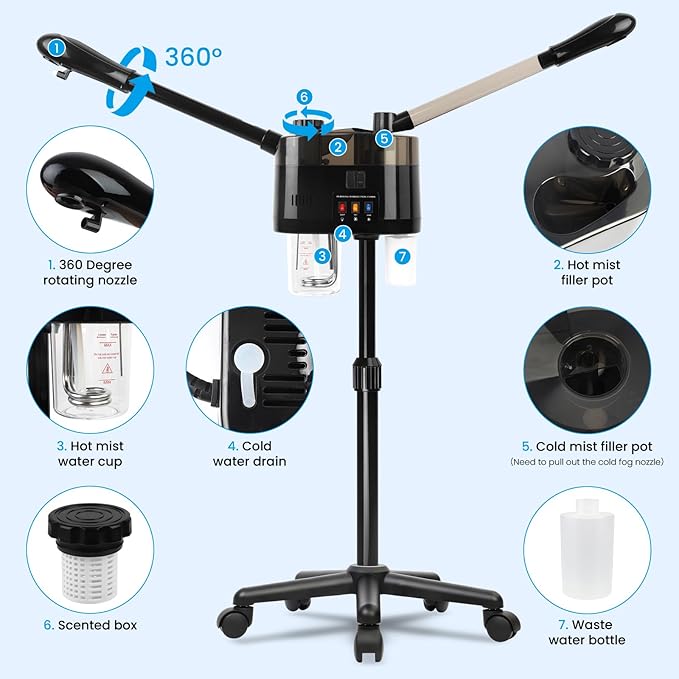 Professional Facial Steamer with Ozone, Hot&Cold Mist Facial Steamer, Facial Humidifier on Wheels, Esthetician Steamer for Facial Deep Cleaning and Moisturize, Suitable for Spa, Salon and at Home Use