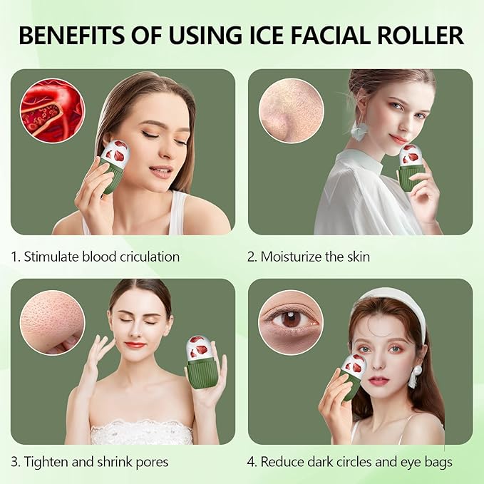 2pcs Ice Roller for Face and Eye, Silicone Ice Facial Roller Ice Holder, Face Ice Mold Skin Care, Face Icers Reusable Ice Cube Roller for Shrink Pores Anti Wrinkle Reduce Puffiness, Green Purple