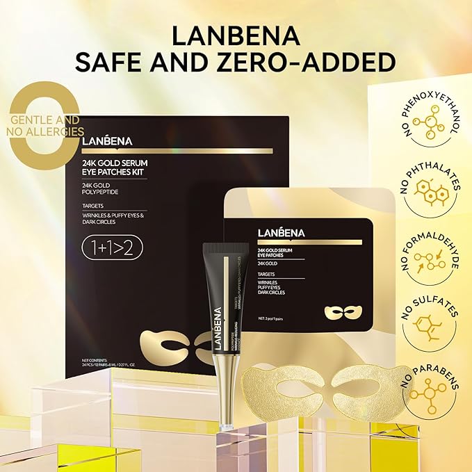LANBENA Under Eye Patches (6 Pairs), Wrinkle-Reduce Essence(0.27 Fl.Oz), 24K Gold Full Around Gel Serum Mask, Puffy Undereye Treament, Fine Lines, Refresh, Hydrate| Paraben free, Eye Skin Care