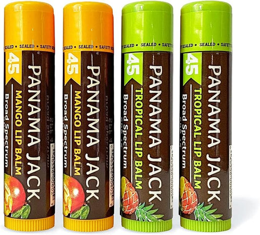 Panama Jack Sunscreen Lip Balm - SPF 45, Flavor Pack, Broad Spectrum UVA-UVB Sunscreen Protection, Prevents & Soothes Dry, Chapped Lips (Mango/Tropical)