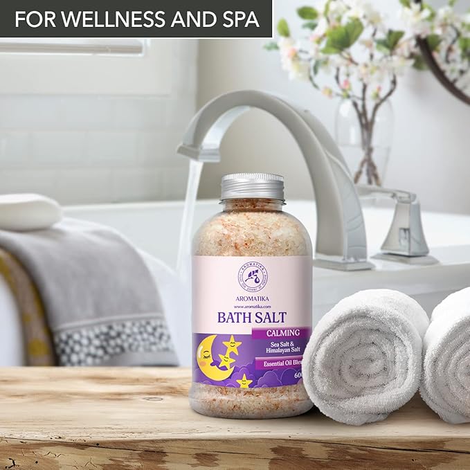 Calming Bath Salts 21.16 Oz - w/Sandalwood & Lavender & Bergamot Essential Oils - Natural Bath Sea Salts 600g - Good for Bath- Good Sleep - Relaxing - Body Care - Beauty - Aromatherapy