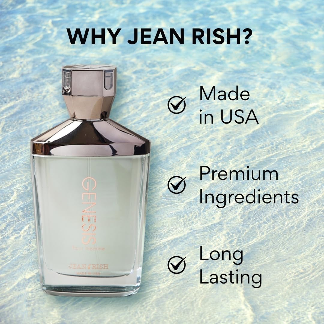 Jean Rish Genesis Pour Homme Eau De Toilette Perfume for Men (3.4 Fl Oz / 100ml) with Lemon, Woody & Lavender Notes - Long Lasting and Luxury Fragrance, Made in USA