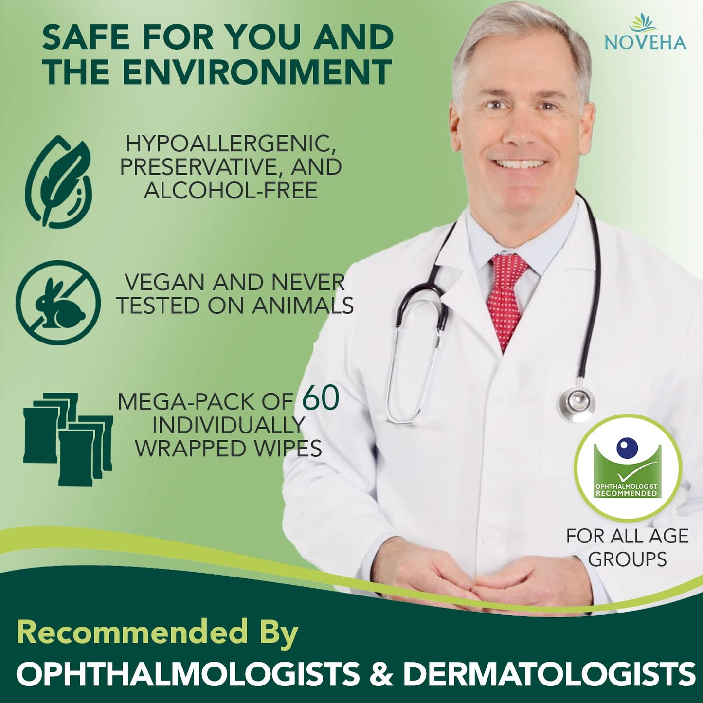 NOVEHA 120Pcs Daily Hygienic Eyelid & Lash Wipes | 120 Individually Wrapped Cleansing Eyelash Wipes - For Blepharitis & Itchy Eyes, Demodex and Natural Makeup Remover & Daily Cleanser (2 Pack)