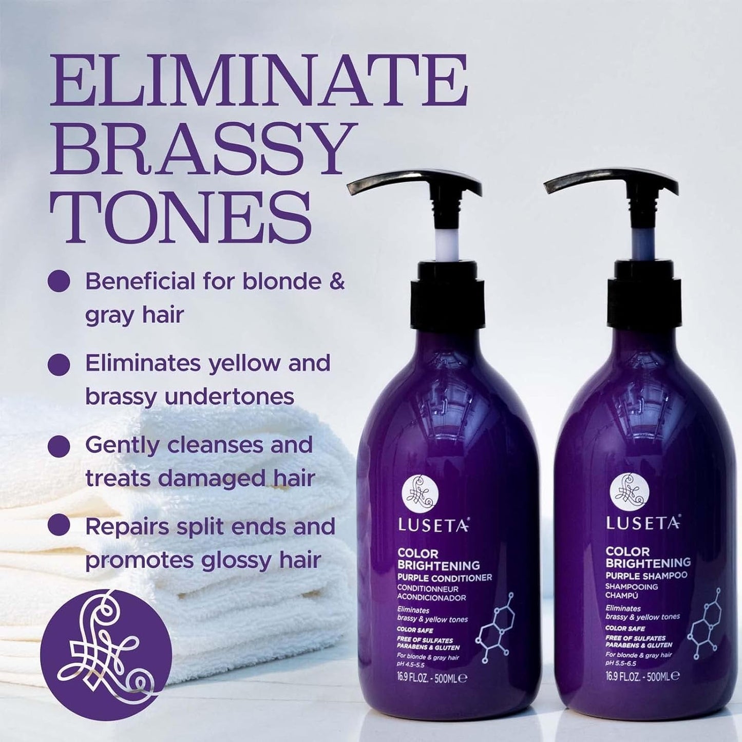 Luseta Purple Shampoo and Conditioner Set for Blonde, Gray - Color Treated Hair - Sulfate Free Paraben Free - Infused with Cocos Nucifera Oil for Curly and Damaged Hair - 2x16.9oz