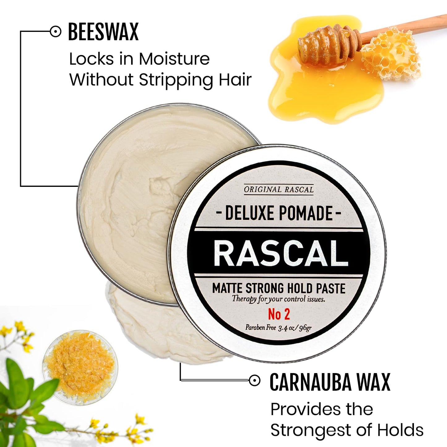 Original Rascal Deluxe Pomade for Men #2 - Matte Hair Paste with Strong Hold & Light Shine - Men's Styling Solutions Products for All Hair Types - Natural Infused with Beeswax & Lanolin Wax