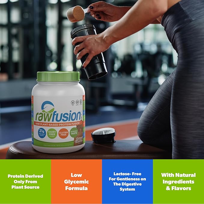 Rawfusion- Vegan Protein Powder, Natural Chocolate - 30 Servings, 21g of Plant Based Protein, Low Net Carbs, Non-Dairy, Gluten/Lactose Free, Soy Free, Kosher, Non-GMO, 2lbs Pound