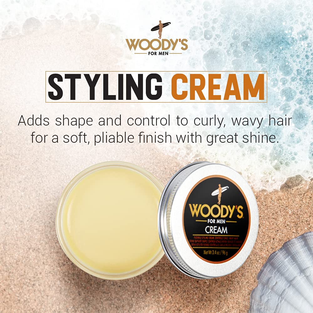 Woody's Styling Cream for Men, Controls Curly/Wavy Hair, Water-Soluble Mild Hold, Healthy Shine, 3.4 oz