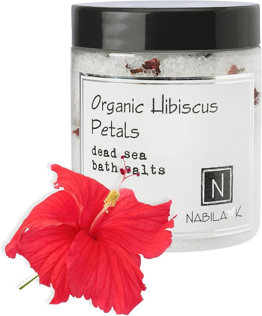 Organic Hibiscus Petals Bath Salts by Nabila K - Dead Sea Salt & Epsom Salt Scrub & Soak - Exfoliates & Hydrates Skin, Botanical Essential Oils - Bubble Bath Accessories for All Skins Types, 8 oz