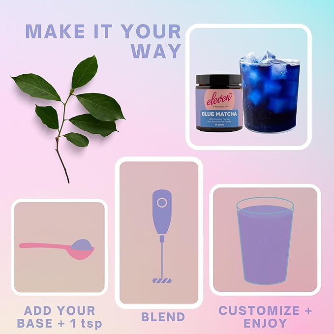 Eleven TLC, Blue Matcha Powder, 100% Organic Butterfly Pea Flower, Antioxidants, Wellness Support, Clitoria Ternatea, Caffeine -Free, GMO-Free, Smoothies, Cocktails, Mocktails, 18 Servings