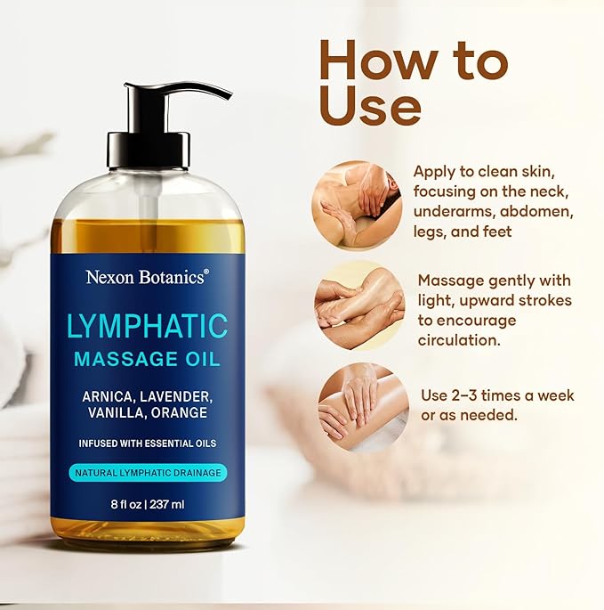 Lymphatic Drainage Massage Oil 8 fl oz - Facial Lymphatic Massage - Muscle Relief & Natural Detox - Arnica, Lavender, Vanilla & Orange - Nexon Botanics