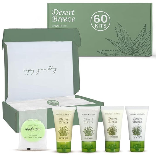 Desert Breeze Amenity Kit | Boxed Hotel Toiletries Bulk Set | 1 oz Shampoo, Conditioner, Lotion, Body Wash & Body Bar Soap | 60 Sets per Case