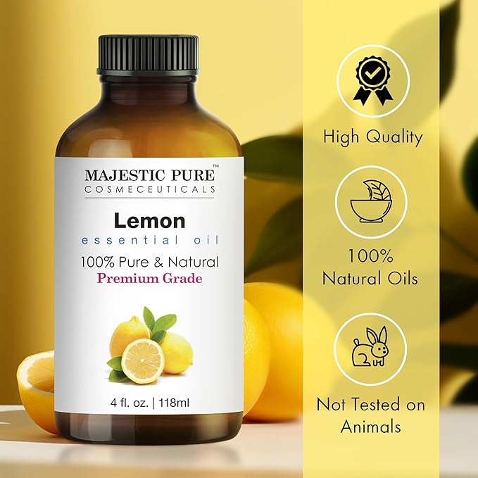 Majestic Pure Lemon Essential Oil with Glass Dropper | 100% Pure and Natural Lemon Oil | Premium Grade Essential Oils for Diffusers, Skin, Aromatherapy, Massage | 4 Fl Oz
