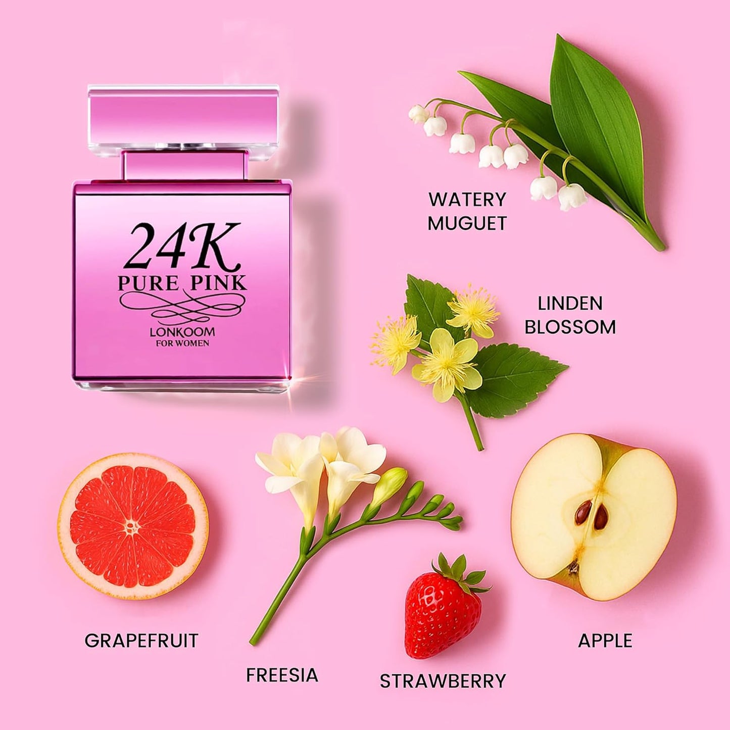 Lonkoom 24K Pure Pink Perfume for Women, Sweet Floral Fruity Perfumes Eau de Parfum Spray Long-Lasting Fragrance, 3.4 Fl Oz/100ml