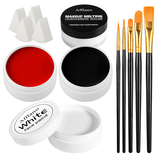Black White Red Face Paint Kit – Large 50g Oil-Based Grease Makeup Set with Remover Balm, 5 Brushes & 4 Sponges – Waterproof, Full Coverage Halloween, Cosplay & Stage SFX Makeup