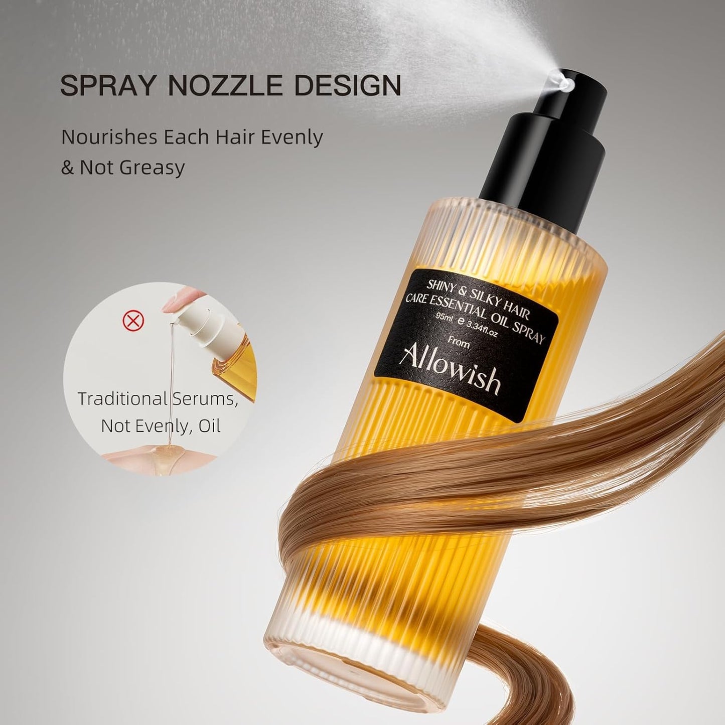 Hair Oil Spray for Dry Frizzy Hair - Hair Shine Spray Gloss with Natural Jojoba and Olive Oil, Leave-in Hair Conditioning, Smooth Damaged Ends, Volume, Hydrating