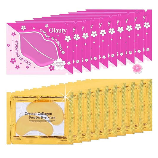 20 Pairs Lip Masks & Eye Masks, 24K Gold Gel Crystal Collagen Eye Pads, Moisturizing Lip Mask Crystal Pads, Under Eye Patches for Puffy Eyes, Dark Circles, Eye Bags, Wrinkles and Fine Lines