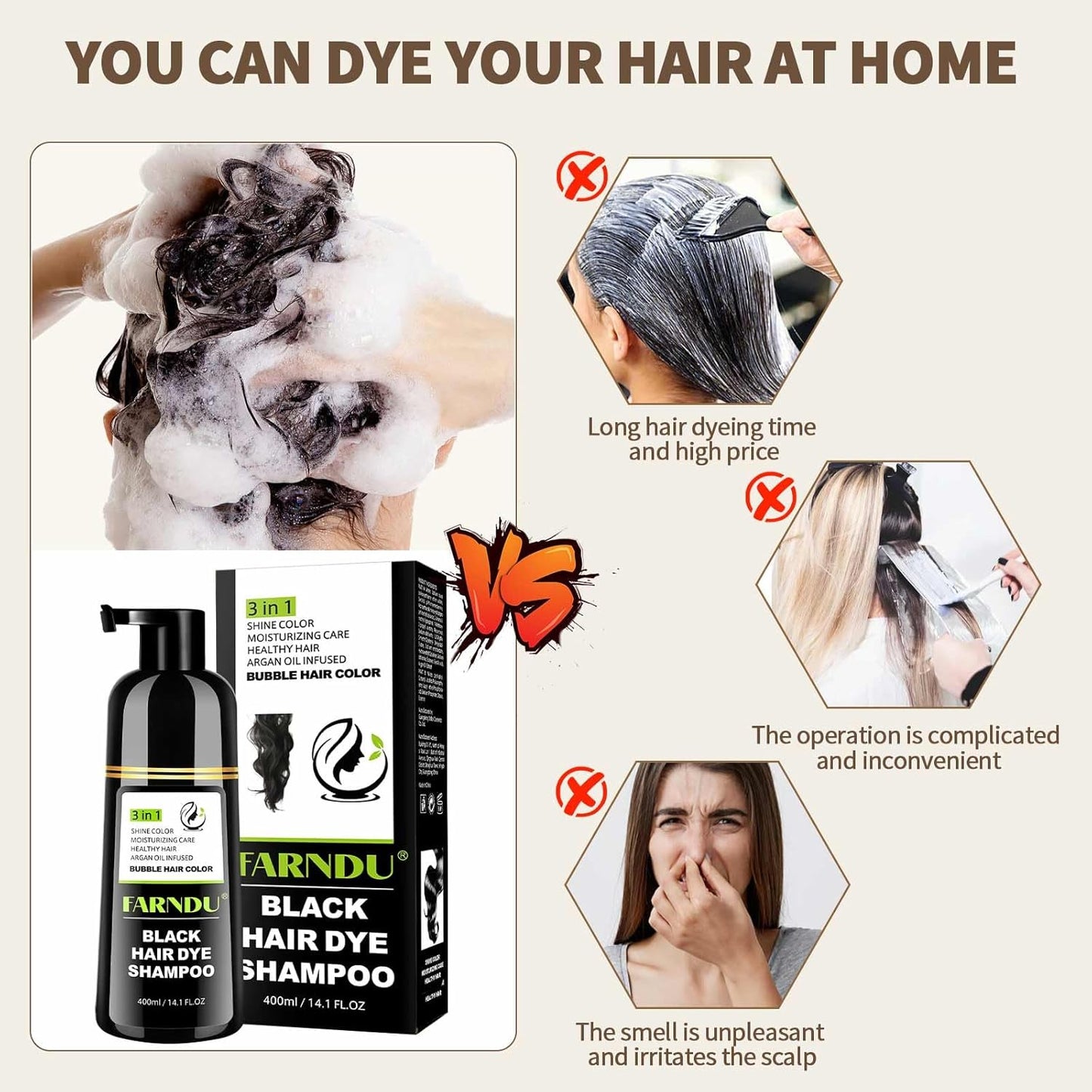 Black Hair Dye Shampoo- Gray Coverage, Herbal Natural 3 in 1 Hair Color Shampoo for Men & Women