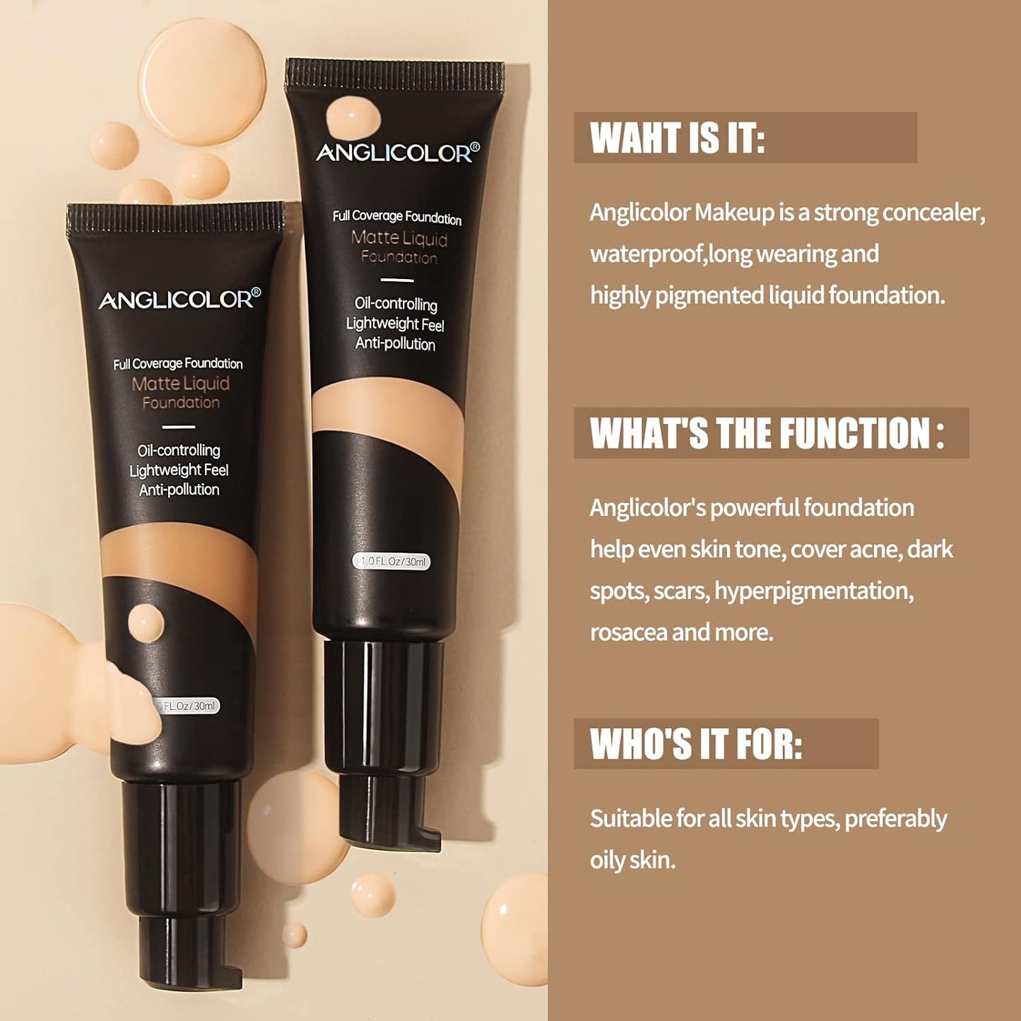 Anglicolor Matte Oil Control Concealer Foundation 2PCS, Flawless Soft Long Lasting Foundation Makeup,Waterproof Full Coverage Face Makeup Strong Concealer Foundation for Oily Acne Skin (2PC 103, 60ml)