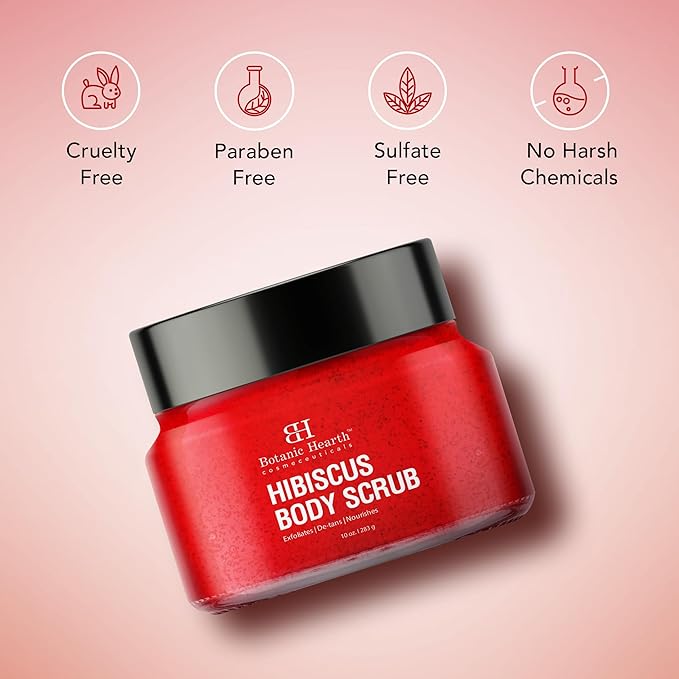 Botanic Hearth Hibiscus Body Scrub Exfoliator | Hydrating Raw Sugar Body Scrub | Natural Body Scrub for Skin Care, Stretch Marks, Acne & Cellulite, Eczema, Age Spots & Varicose Veins | 10 oz