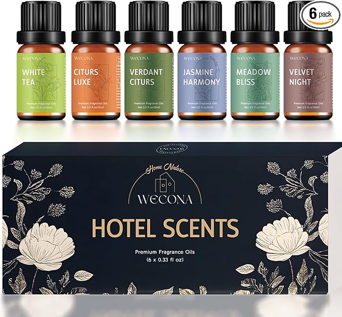 Premium Hotel Fragrance Oil Collection for Diffusers, Essential Oils for Diffusers for Home, Hotel Diffuser Fragrance Oils,Spa & Candle Making, White Tea, Citrus Luxe, Velvet Night and More - 6x10ml