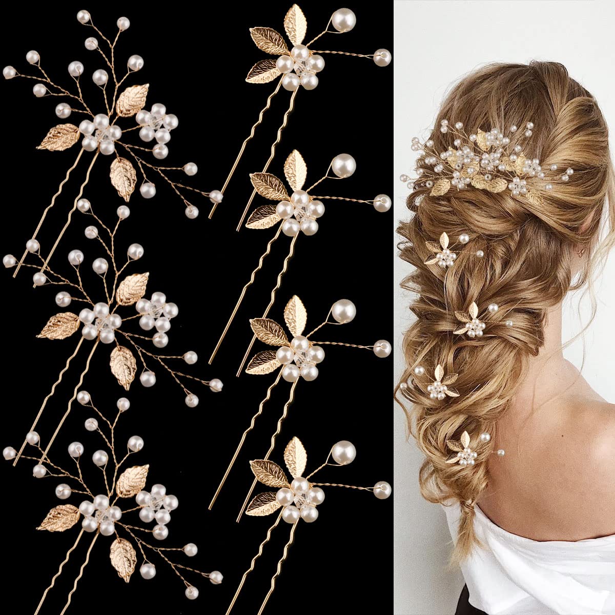 BOYIVI 7 Pieces Wedding Hair Pins Gold Leaf, Elegant Flower Hair Accessories for Brides Bridesmaids Girls Pearl Alloy Material Hair Styling Pins with Crystal, Vintage Bohemian Style