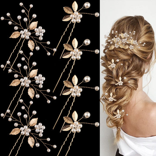 BOYIVI 7 Pieces Wedding Hair Pins Gold Leaf, Elegant Flower Hair Accessories for Brides Bridesmaids Girls Pearl Alloy Material Hair Styling Pins with Crystal, Vintage Bohemian Style