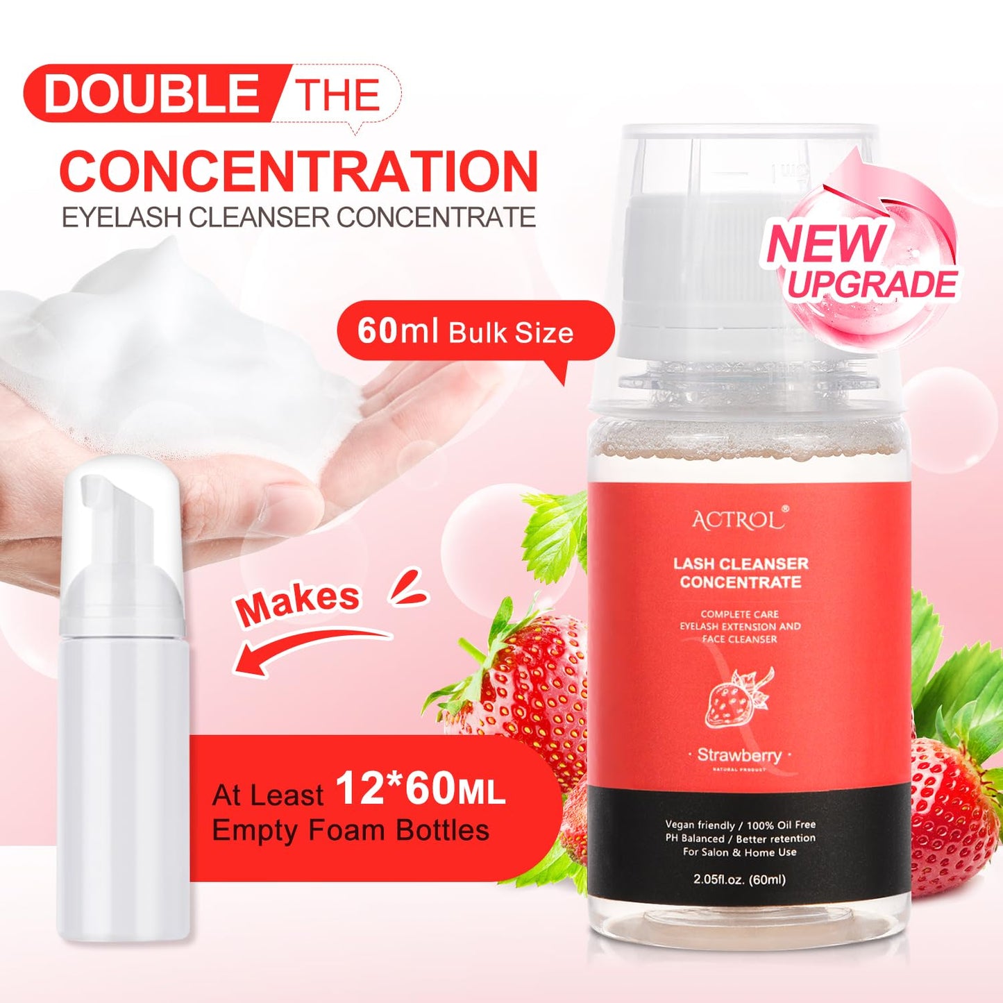Eyelash Cleanser Concentrate 60ml Strawberry Professional Lash Shampoo Foaming Cleanser DIY Paraben & Sulfate Free Non-lrritating Wash for Extensions Lashes with Salon Home Care-Makes 6 Bottles