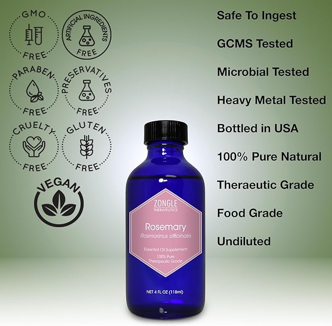 Rosemary Oil, Food Grade, for Hair, Growth – 100% Pure, Edible, Rosemary Essential Oil, by Zongle Therapeutics, 4 OZ