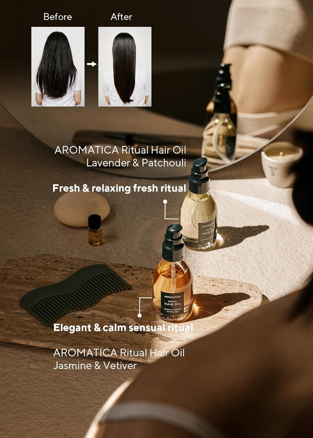 AROMATICA Ritual Jasmine & Vetiver Hair Oil - Adds Shine and Smooths Split Ends - Blow Out Hair Serum for Damaged & Frizzy Hair - Nourishing for Dry Curly Hair - Silicone-Free (1.6 fl oz)