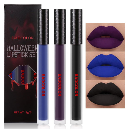 BADCOLOR 3 Colors Matte Liquid Lipstick Set, Black Blue Purple Halloween Makeup, High Impact Long Lasting Lip Stain Velvet Nonstick Cup Smudge Proof & Waterproof Lip Gloss Set