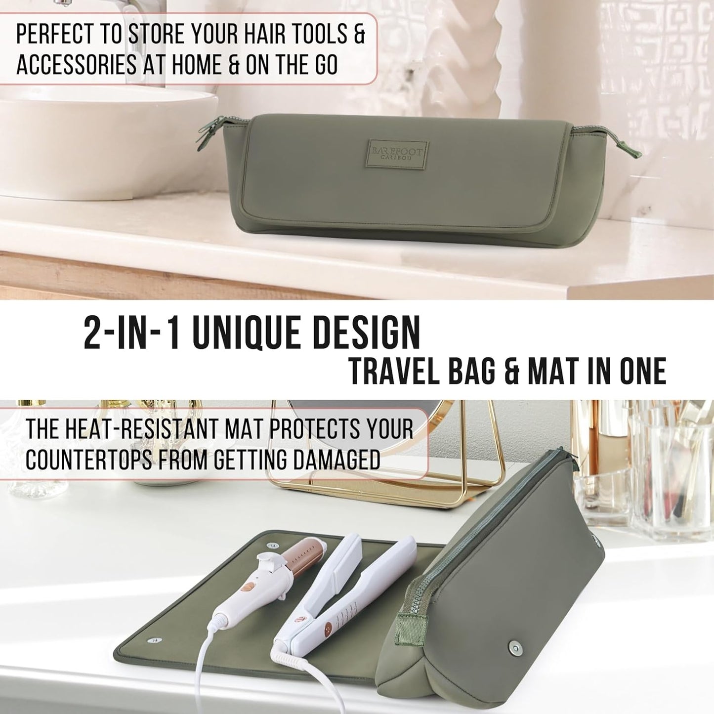 BAREFOOT CARIBOU Hair Tools Travel Bag and Heat Resistant Mat for Flat Irons, Straighteners, Curling Iron, and Haircare Accessories, 2-in-1 design, with Interior Pockets, Portable Organizer