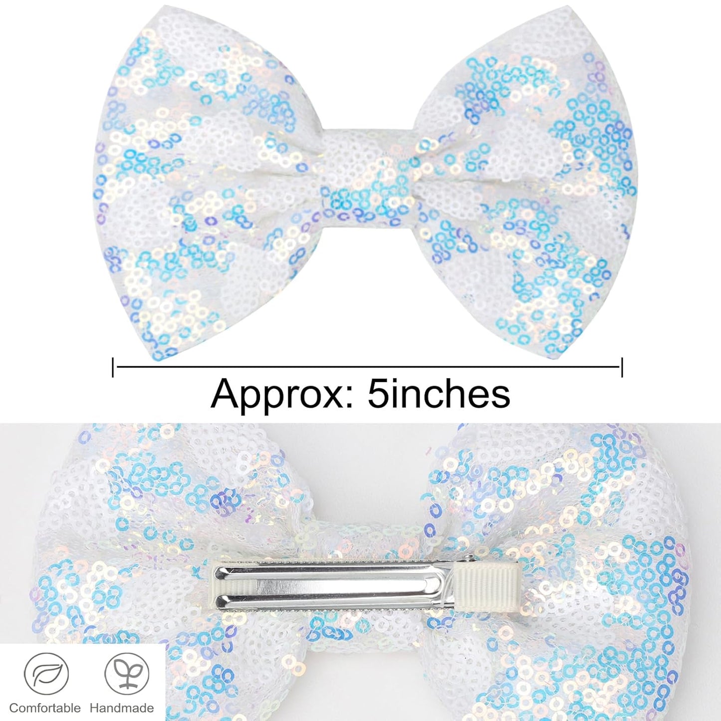 Large Big Sparkling 5 Inch Glitter Heart Hair Bows Clips Sequin Bow Alligator Clips Hair Accessories for Girls, Teens, Toddlers（White）