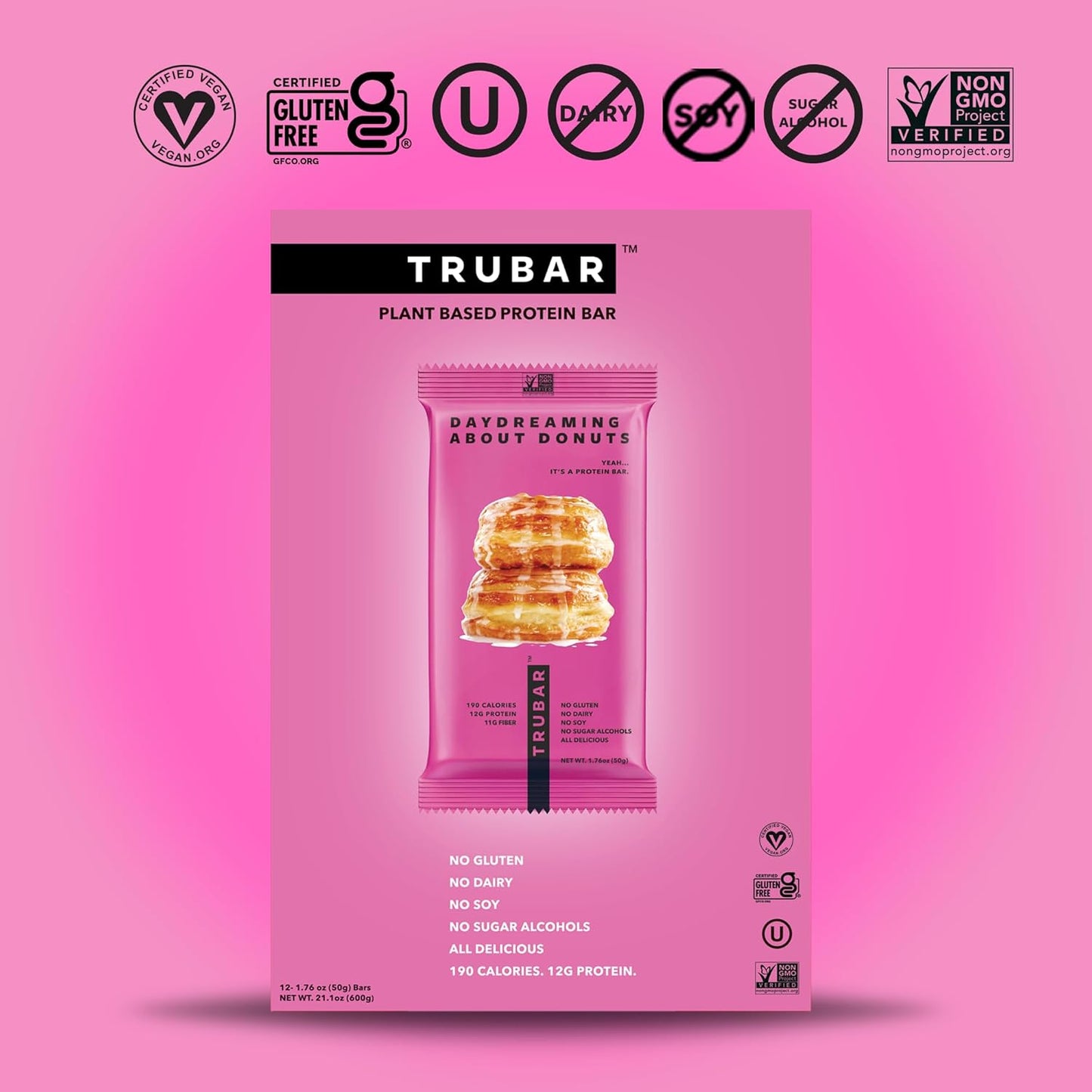 TRUBAR Vegan Protein Bar, Daydreaming About Donuts, Gluten Free, Plant Based, High Fiber, Dairy Free, Non GMO, Low Fat, No Sugar Alcohols, 12G Lean Protein, 13G Fiber, Healthy Snack Bars, 12 CT