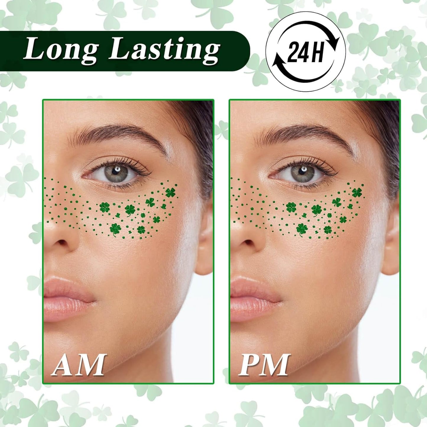 MEICOLY St Patricks Day Accessories,St Patricks Day Temporary Tattoos Face Stickers for Kids Women,Clover Shamrock Stickers,Green Makeup Tattoo,Green Freckles Face Tattoo,6Pcs,2 Styles