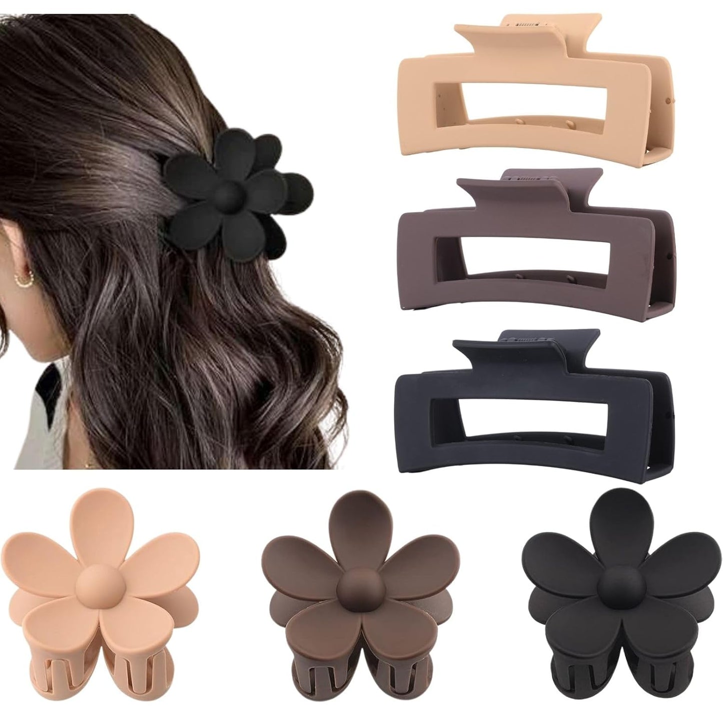6 Pack Large Claw Clips for Women, Square & Flower Hair Clips for Thick Hair, Matte Neutral Colors