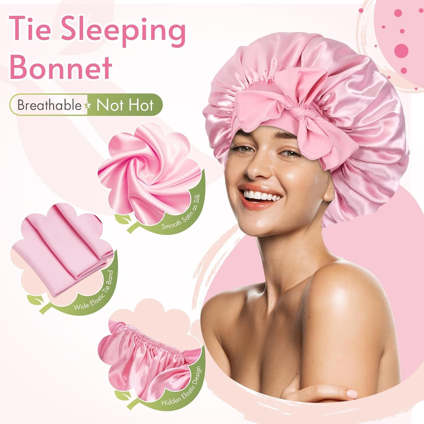 BONNET QUEEN Silk Bonnet for Sleeping Women Satin Bonnet Night Sleep Cap Wrap for Curly Hair with Adjustable Tie Band,Pink