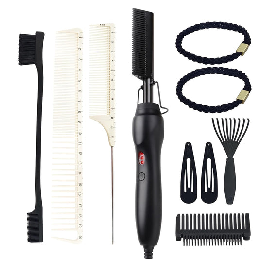 Electric Hot Comb Hair Straightener Heat Pressing Comb Curling Flat Iron Curler Hair Straightener Brush for Natural Black,Anti-Scald Beard Straightening Electric Press Comb (Black-3-Gear)