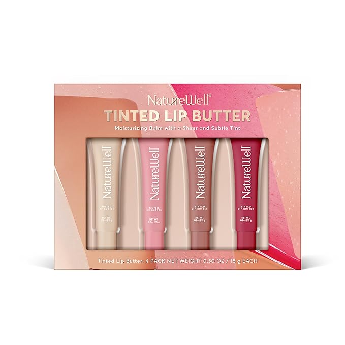 NATURE WELL Tinted Lip Butter Variety Pack, Shear & Subtle Tinted Moisturizing Balms, Vanilla Scented, Lightweight & Non-Greasy, Vitamin E, Shea, & Murumuru Butters, 0.50 Oz Each (Pack of 4)