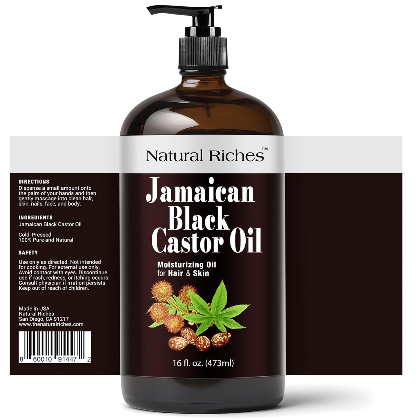 Natural Riches Jamaican Black Castor Oil Glass Bottle Pure Organic Cold Pressed for Hair Growth Skin Care for Dry Skin Conditioning Eyebrows Eyelashes Scalp and Nail Moisturizes & Repairs 16fl.oz.